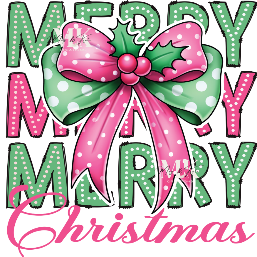 Pink and Green Merry Christmas Bow DTF Transfer