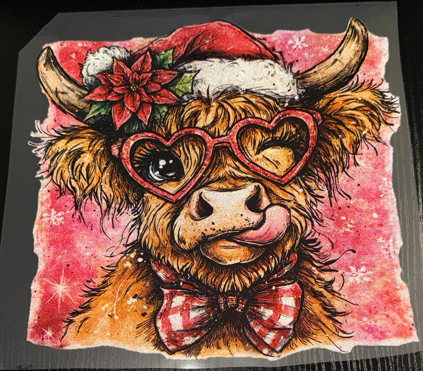 Red Christmas Hat Cow Glitter Screen Print
