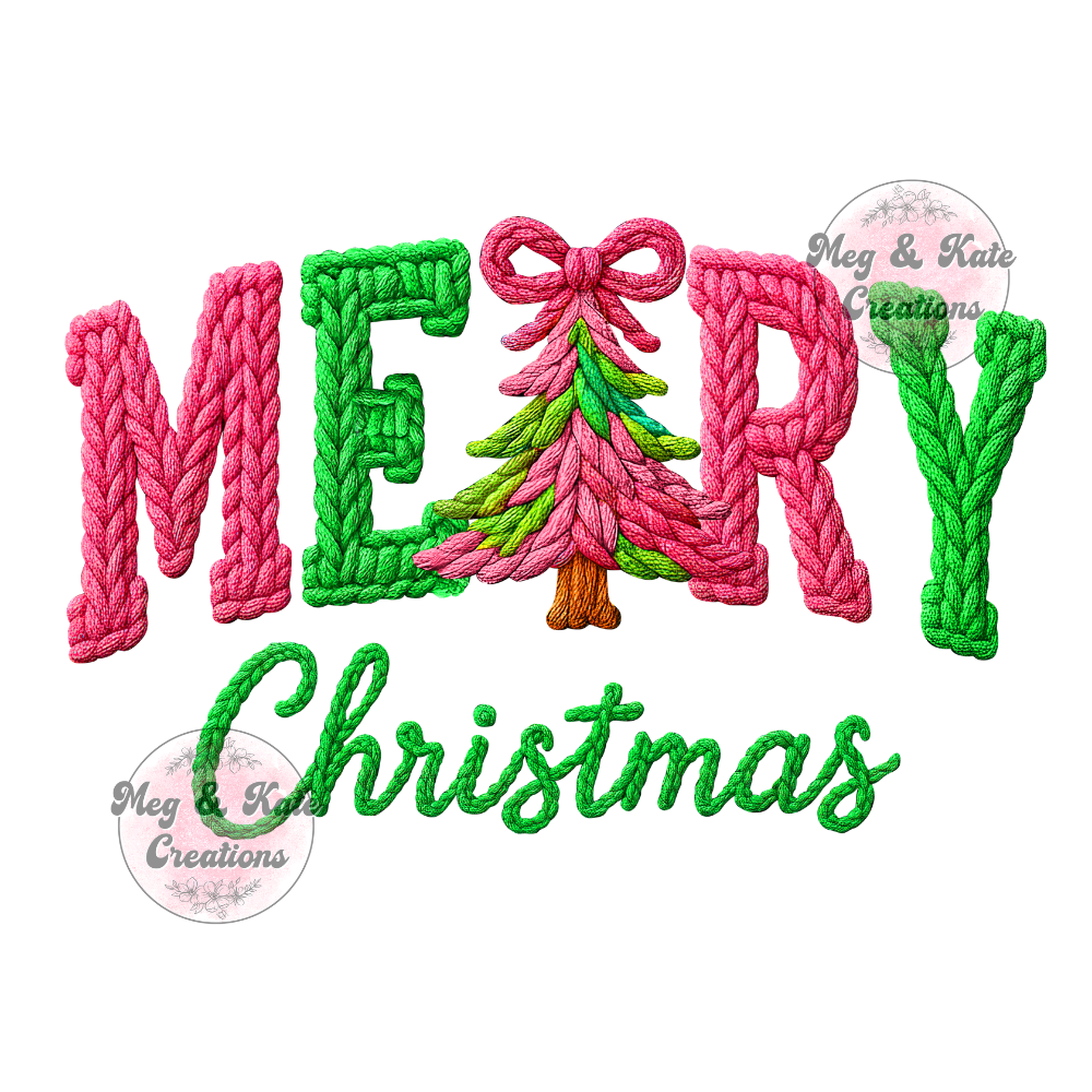 Faux Yarn Pink and Green Merry Christmas DTF TRANSFER