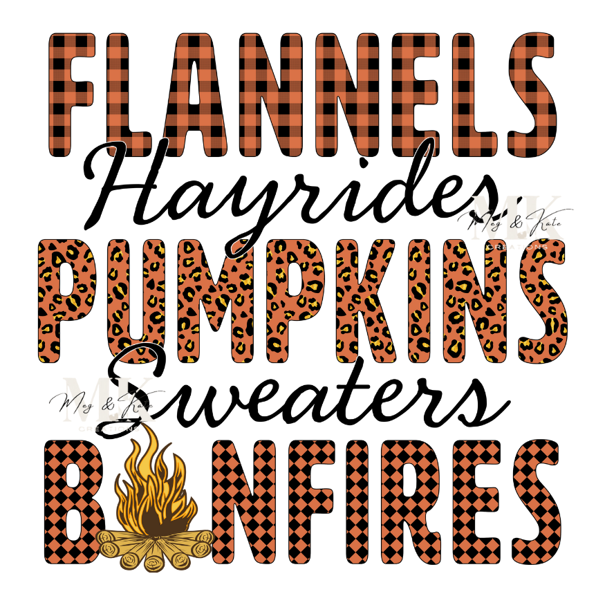 Flannels Hayrides Pumpkins Sweaters Bonfires DTF TRANSFER