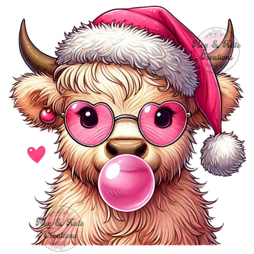 Pink Bubblegum Christmas Baby Cow DTF TRANSFER