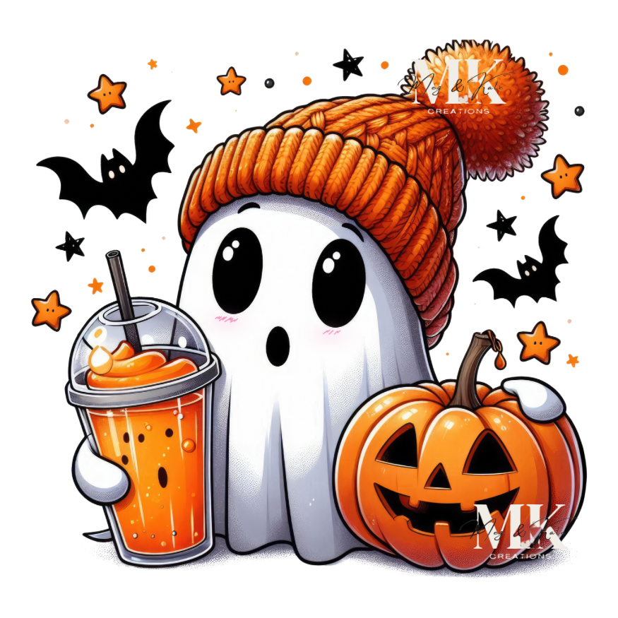 Ghost with Beanie and Coffee DTF TRANSFER