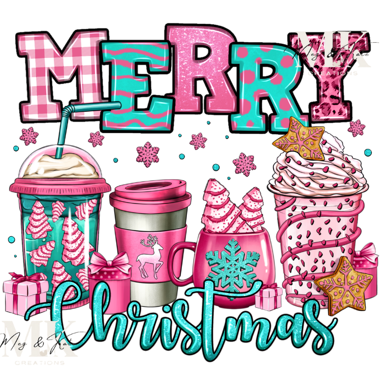 Pink & Turquoise Merry Christmas DTF TRANSFER