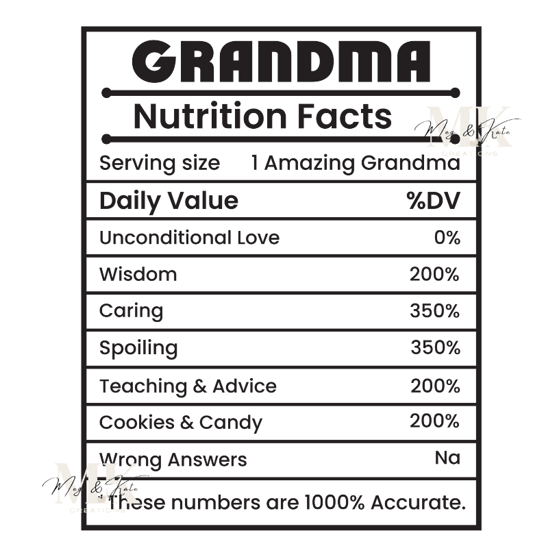 Grandma Nutrition Facts DTF TRANSFER