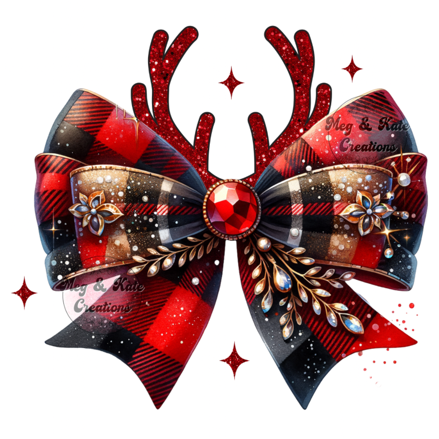 Christmas Plaid and Reindeer Bow DTF TRANSFER