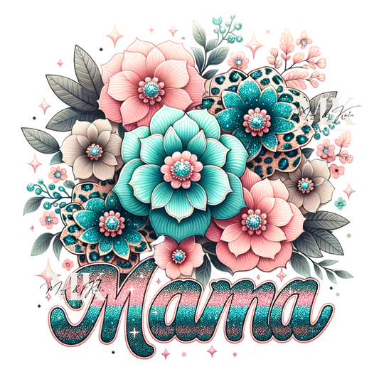 Mama (Pink and Turquoise Floral) DTF TRANSFER