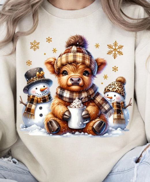 Highland Cow with Snowman Glitter Screen Print