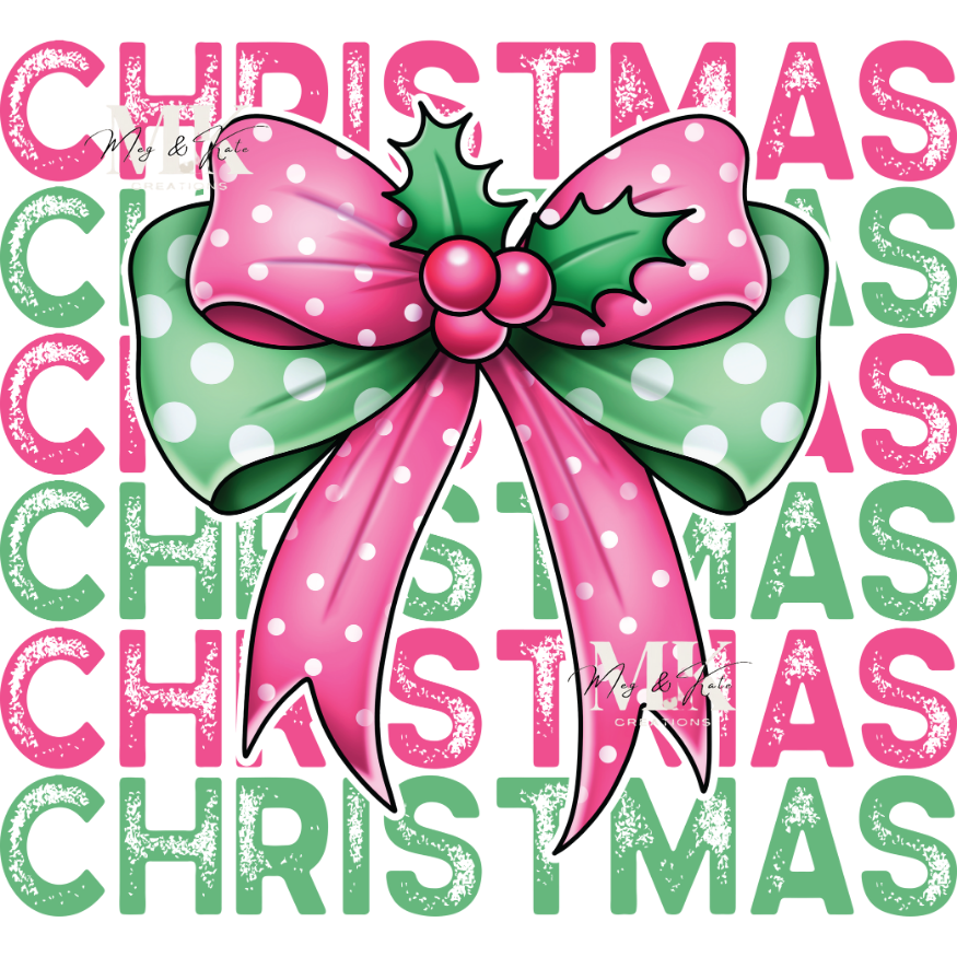 Pink and Green Christmas Bow DTF Transfer
