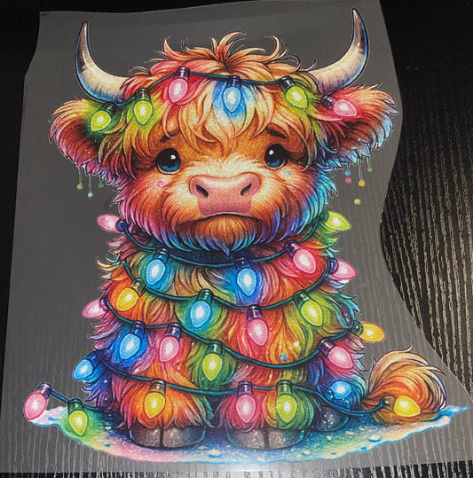 Highland Cow With Christmas Lights Glitter Screen Print