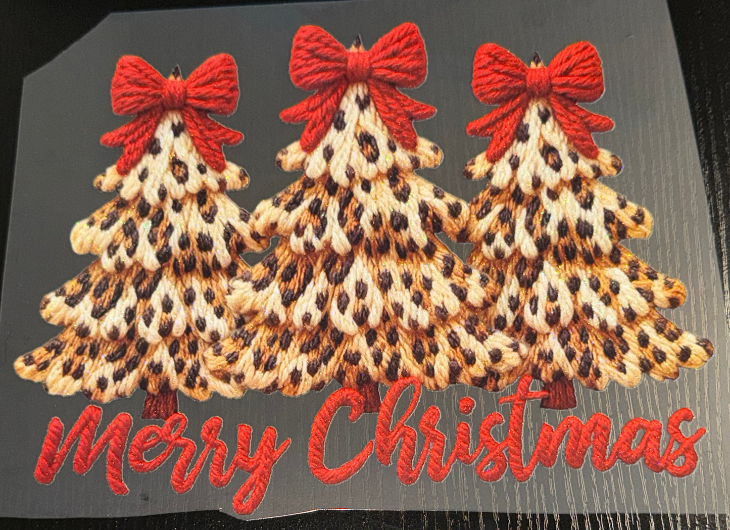 Red Merry Christmas Faux Yarn Trees Glitter Screen Print