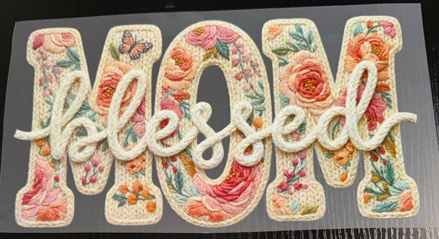 Blessed Mom Faux Yarn Glitter Screen Print
