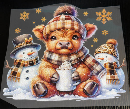 Highland Cow with Snowman Glitter Screen Print
