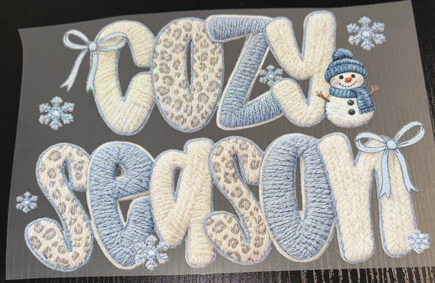 Blue Cozy Season Faux Yarn Glitter Screen Print