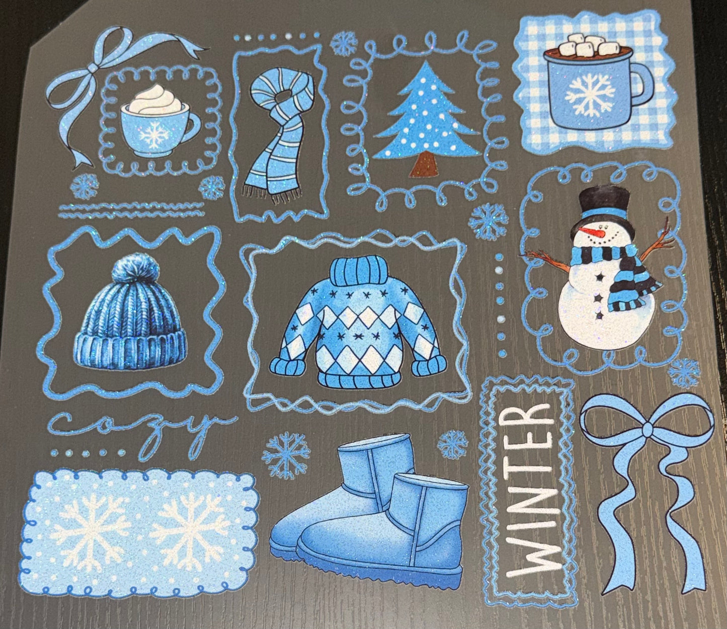Blue Cozy Winter Collage Glitter Screen Print