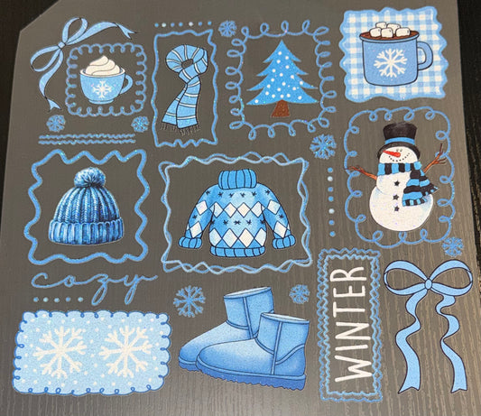 Blue Cozy Winter Collage Glitter Screen Print